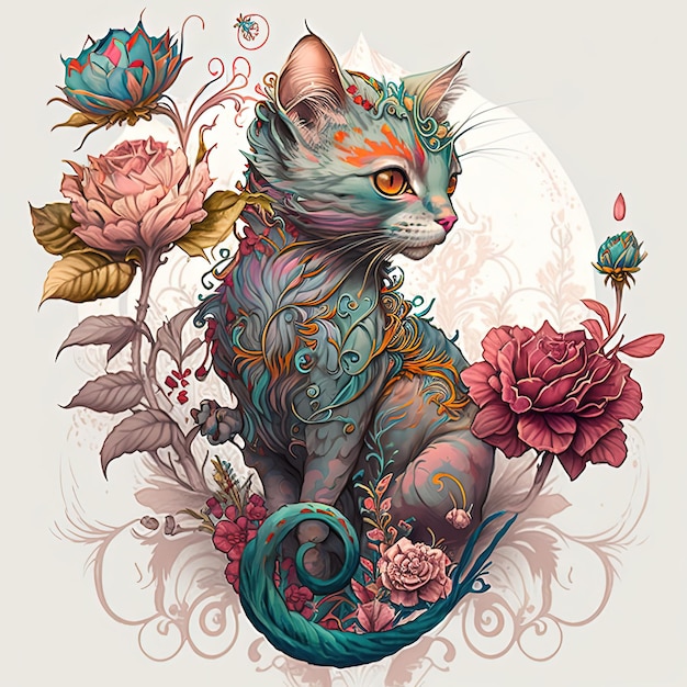Un dibujo de un gato con una flor en el medio.