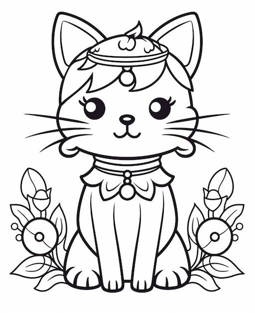 Foto un dibujo de un gato con flores y un dibujo de una mujer con un gato en él