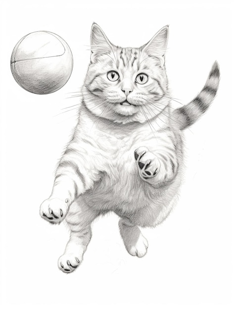 Dibujo de un gato jugando con una pelota sobre un fondo blanco ai generativo