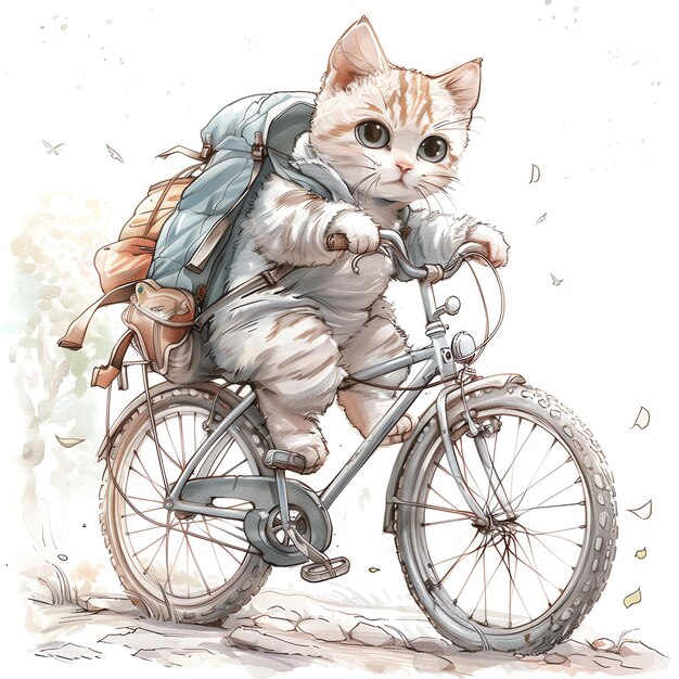 Foto un dibujo de un gato montando una bicicleta con una mochila en ella