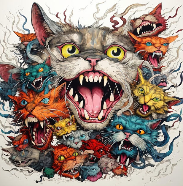 un dibujo de un gato con muchos gatos en él