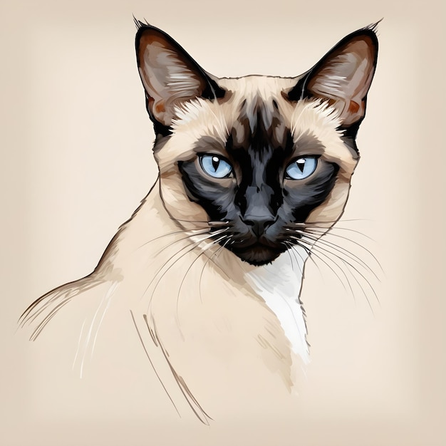 un dibujo de un gato con ojos azules y una nariz negra