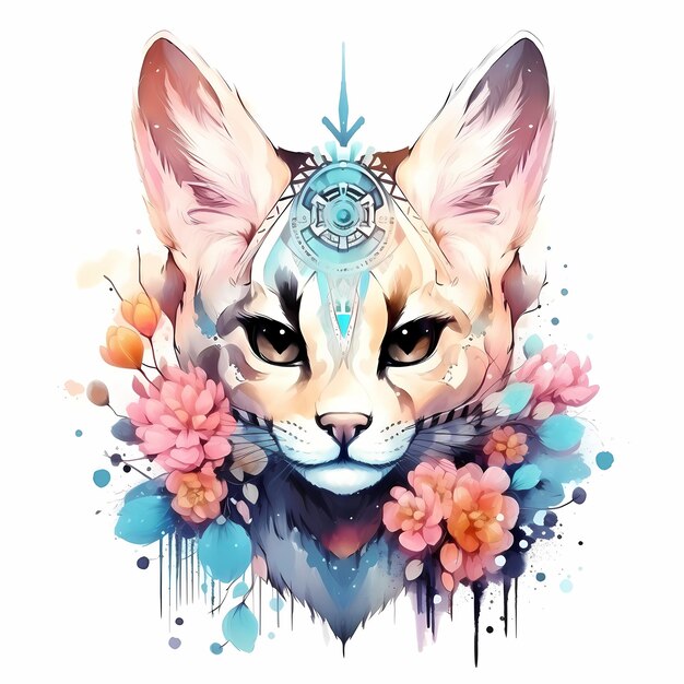 un dibujo de un gato con ojos azules y un patrón de flores