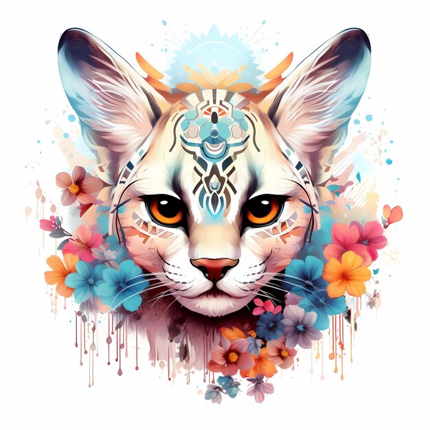 un dibujo de un gato con ojos azules y un patrón de flores