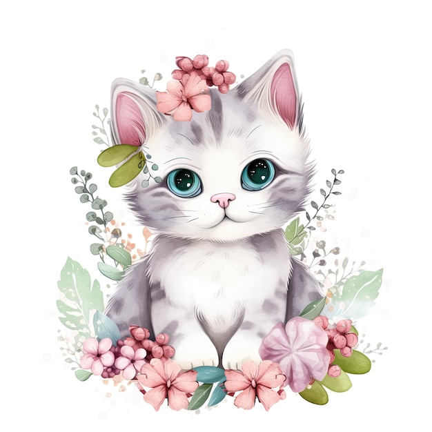 Un dibujo de un gato con ojos azules se sienta en flores.