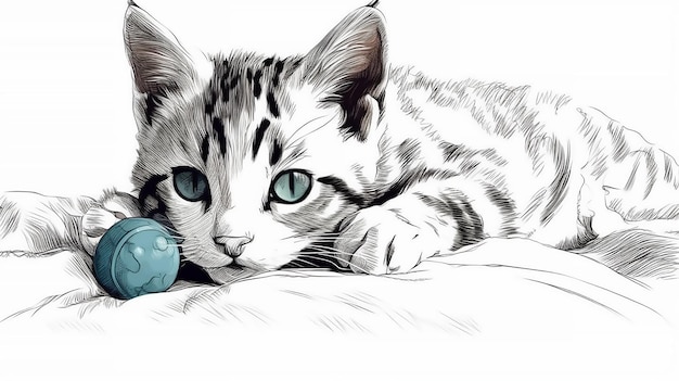 Un dibujo de un gato con ojos azules.