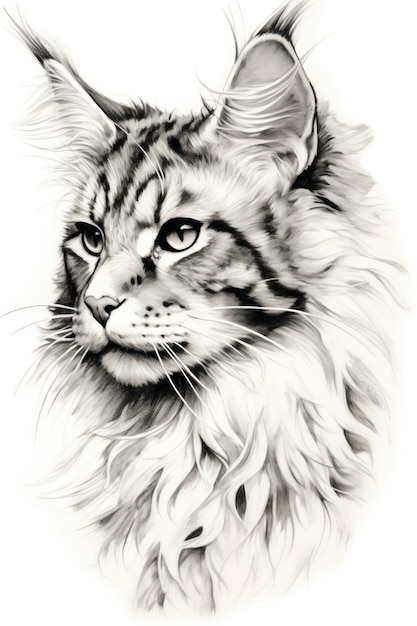 Un dibujo de un gato con pelo largo y cola larga.