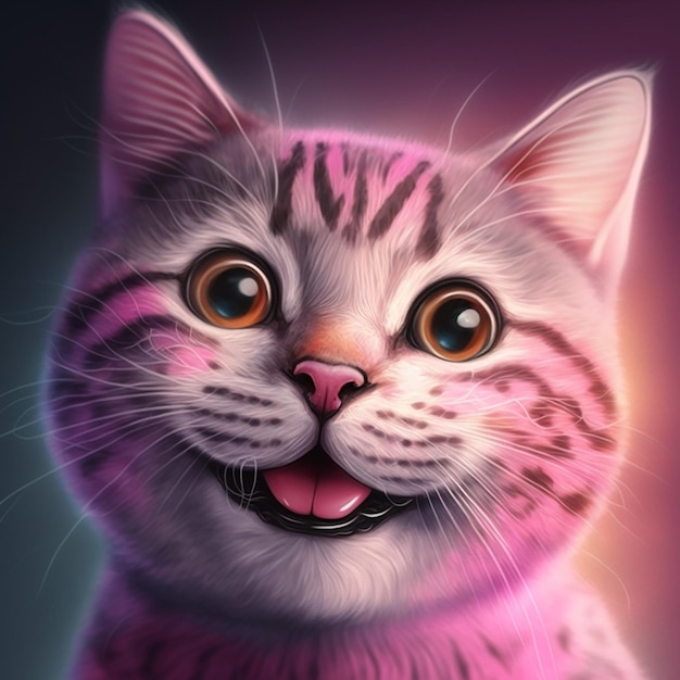 Un dibujo de un gato con rayas rosas y moradas.