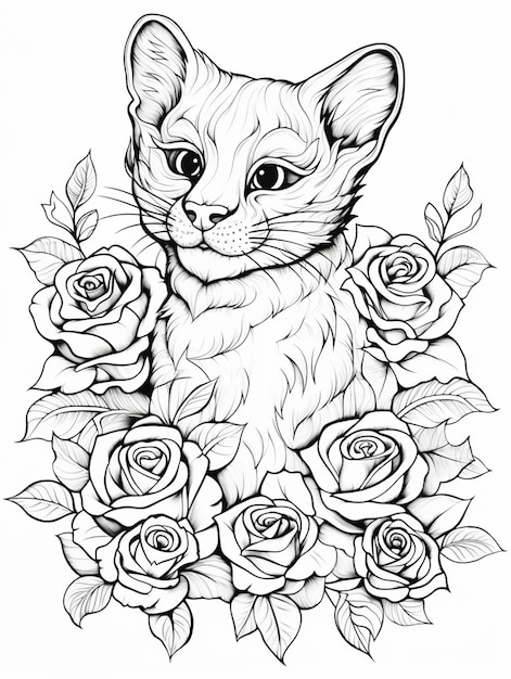 un dibujo de un gato rodeado de rosas y hojas generativas ai