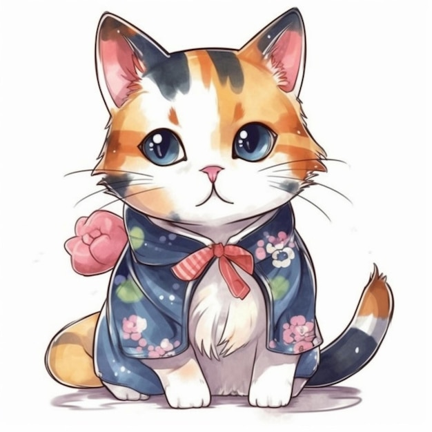 Un dibujo de un gato con un traje de flores.