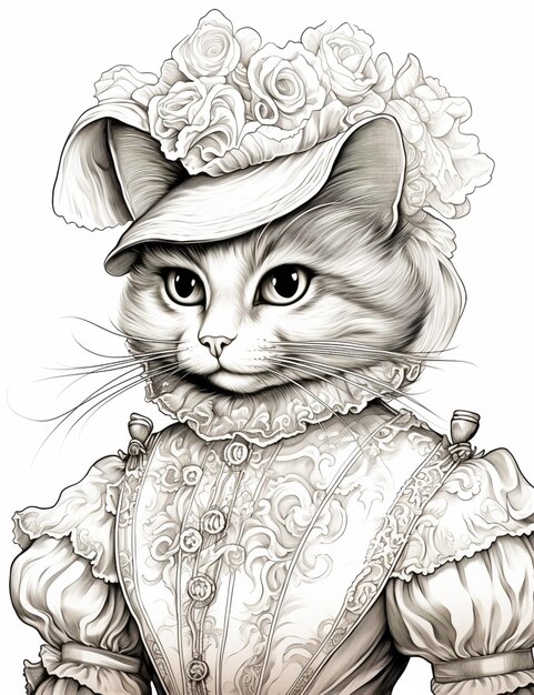 dibujo de un gato con un vestido y un sombrero generativo ai