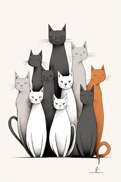 Un dibujo de gatos en un grupo.