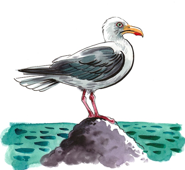 Un dibujo de una gaviota sobre una roca con la palabra mar.