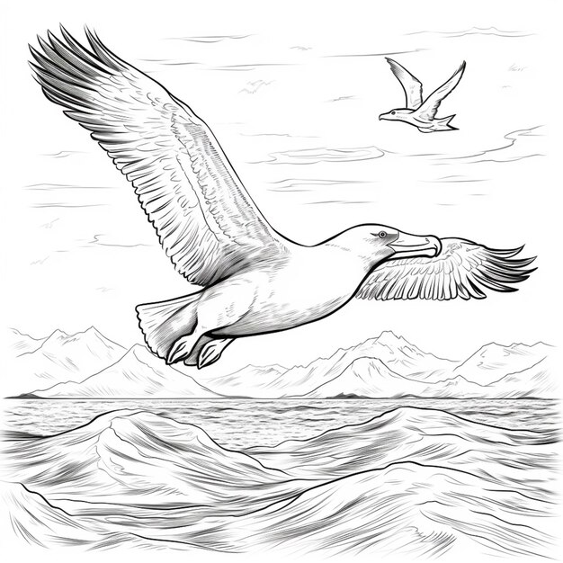 un dibujo de una gaviota volando sobre el océano con un pájaro volando por encima de la ai generativa