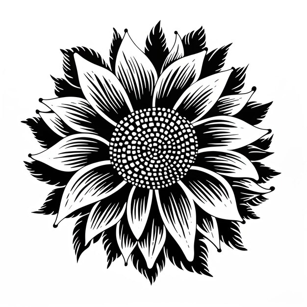 Foto un dibujo de un girasol dibujado en negro sobre blanco en el estilo de la abstracción de dibujos animados