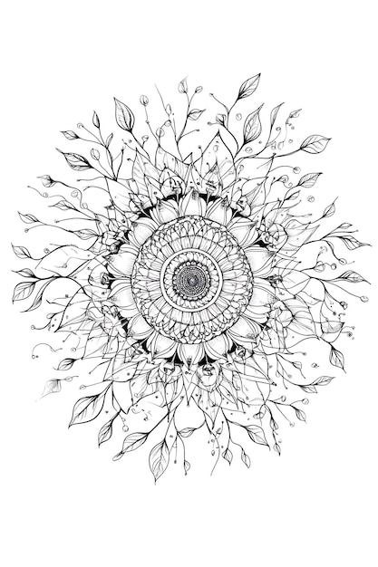 un dibujo de un girasol con hojas y flores en él