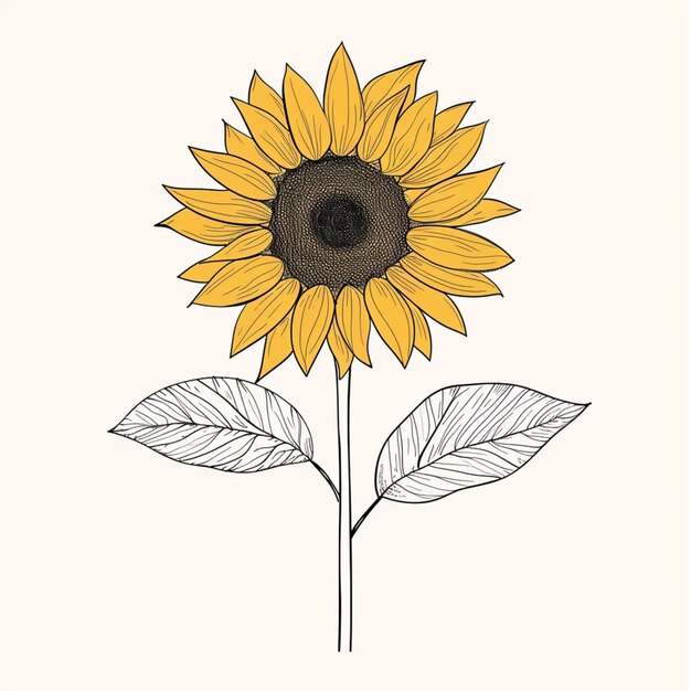 un dibujo de un girasol con hojas en un fondo blanco