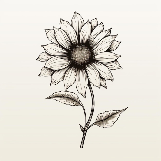 Un dibujo de un girasol con hojas en un fondo blanco