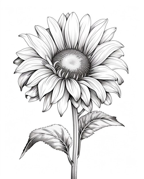 un dibujo de un girasol con un tallo y hojas generativas ai