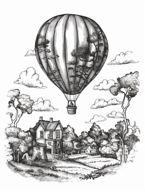 un dibujo de un globo aerostático volando sobre una casa ai generativa