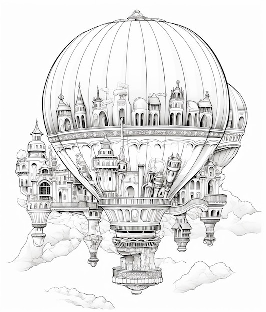 Foto un dibujo de un globo de aire caliente con un castillo en el fondo