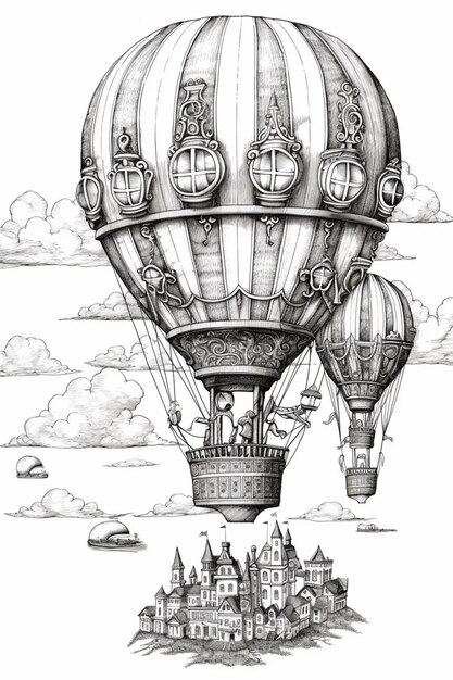 un dibujo de un globo de aire caliente volando sobre un castillo generativo ai