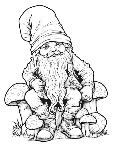 un dibujo de un gnomo sentado en un tronco.