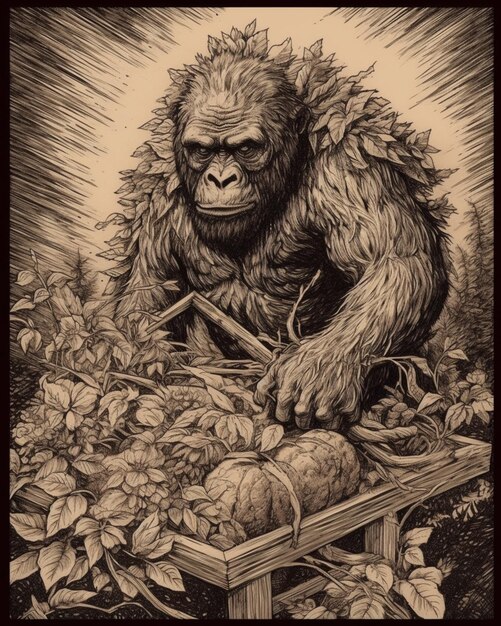 Un dibujo de un gorila con un montón de calabazas.