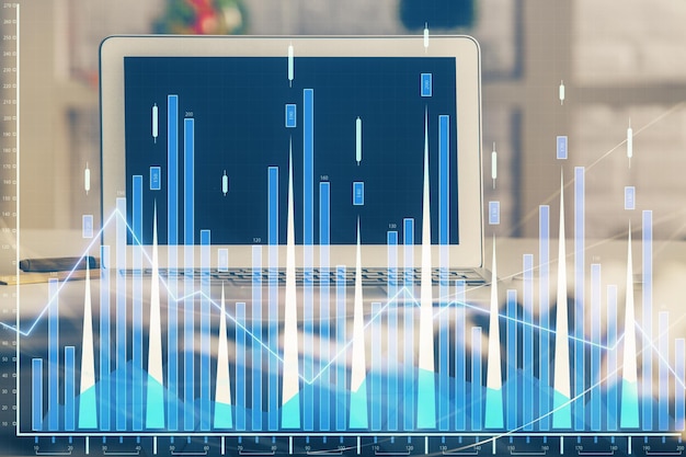 Dibujo de gráfico financiero y tabla con computadora en el fondo Exposición múltiple Concepto de mercados internacionales