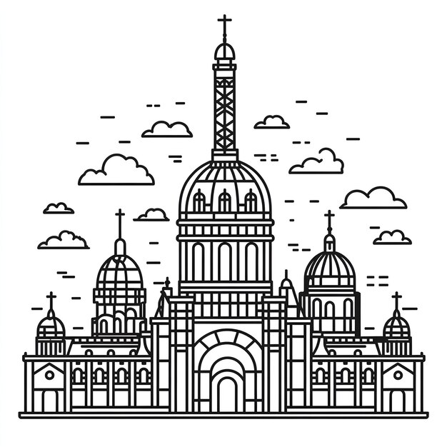 Dibujo de una gran catedral con elementos arquitectónicos detallados
