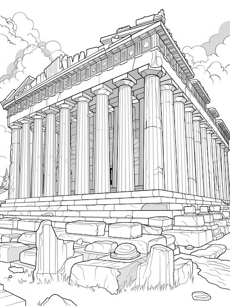 Foto un dibujo de un gran edificio con columnas y un fondo de cielo generativo ai