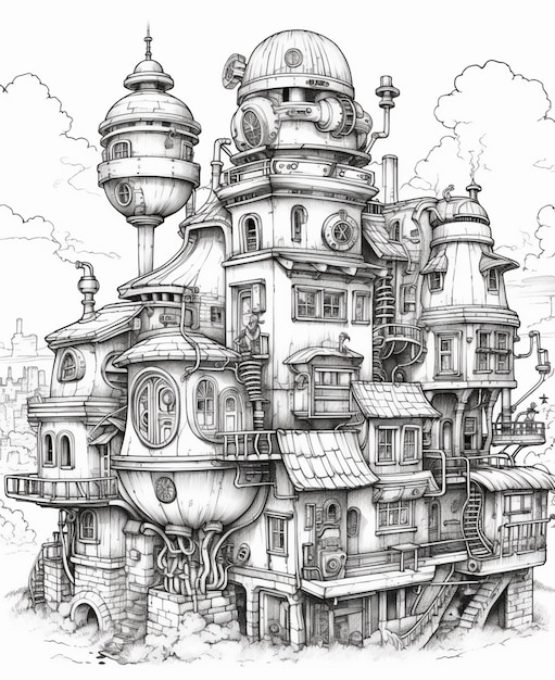 Un dibujo de un gran edificio con una torre de reloj en la parte superior generativa ai