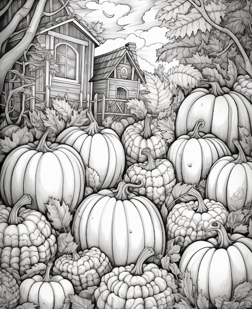 un dibujo de una granja con calabazas y calabacines ai generativo