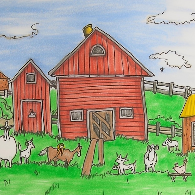 Foto dibujo de una granja con un granero generativo ai