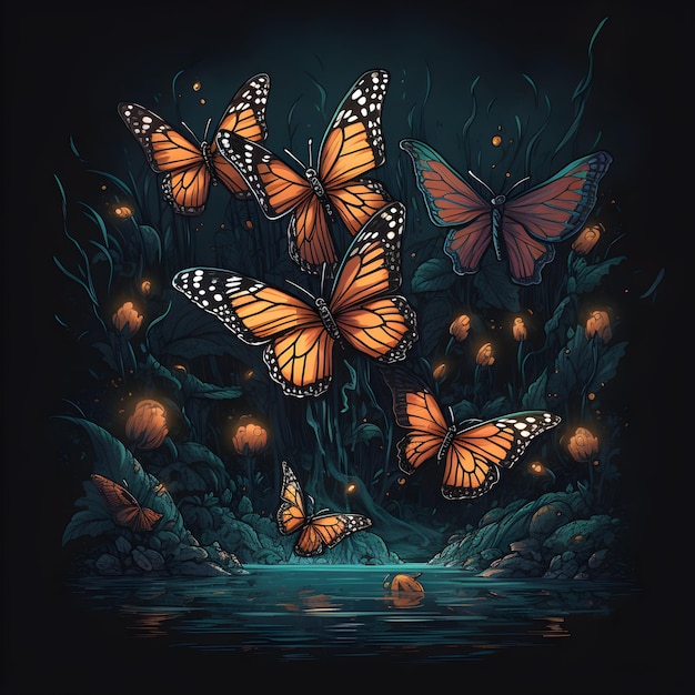 Un dibujo de un grupo de mariposas en la oscuridad.