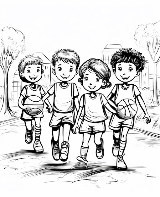 Foto un dibujo de un grupo de niños caminando por una calle generativa ai