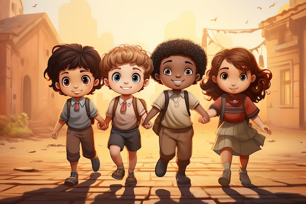 Un dibujo de un grupo de niños con mochilas.