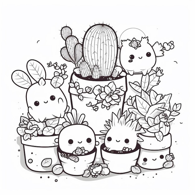 un dibujo de un grupo de pequeñas plantas con caras lindas
