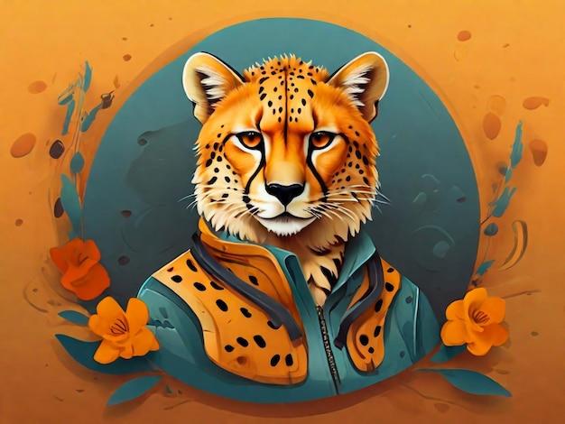 un dibujo de un guepardo con flores de naranja en el fondo