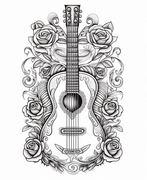 un dibujo de una guitarra con rosas y hojas a su alrededor