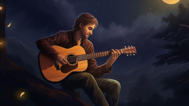 Dibujo de un guitarrista bajo la luna en el bosque