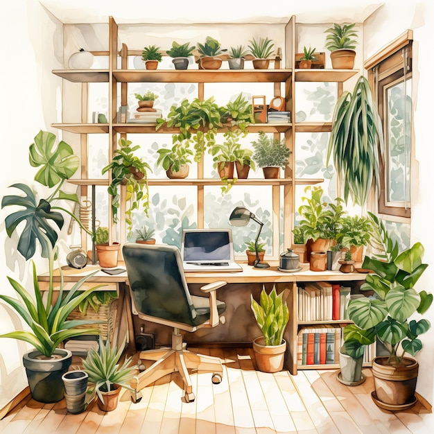 un dibujo de una habitación con una computadora portátil y plantas en el escritorio