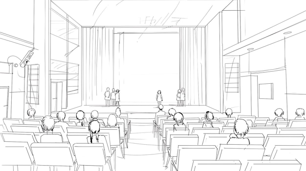 un dibujo de una habitación con un escenario y una persona en él