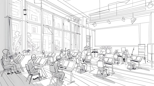 un dibujo de una habitación con un instrumento musical a la izquierda