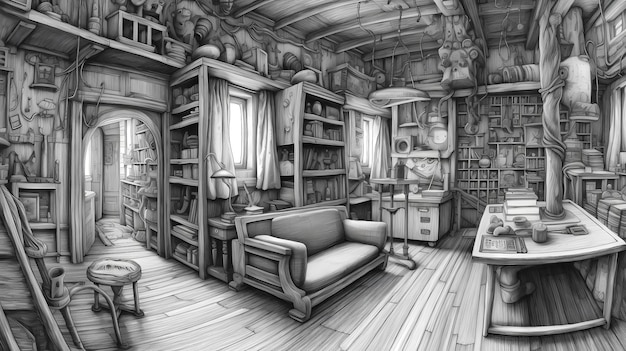 Un dibujo de una habitación con un sofá y una librería.