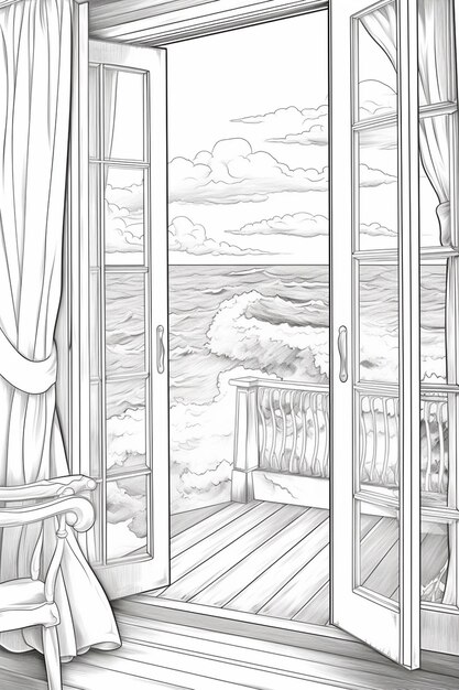 Foto un dibujo de una habitación con vista al océano ai generativo