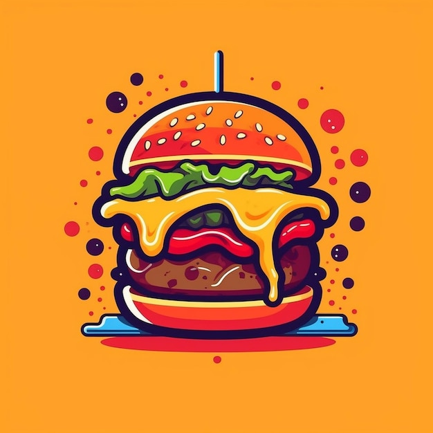 Foto un dibujo de una hamburguesa con un fondo amarillo y un fondo rojo y naranja.