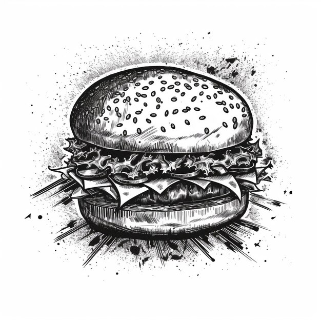 Un dibujo de una hamburguesa con un fondo blanco y negro.