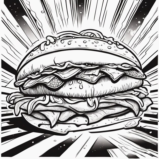 Foto un dibujo de una hamburguesa con las palabras hamburguesa en el libro de colorear contorno