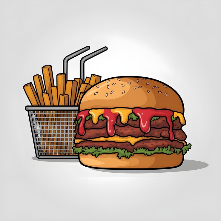 un dibujo de una hamburguesa y papas fritas con una canasta de papas fritas